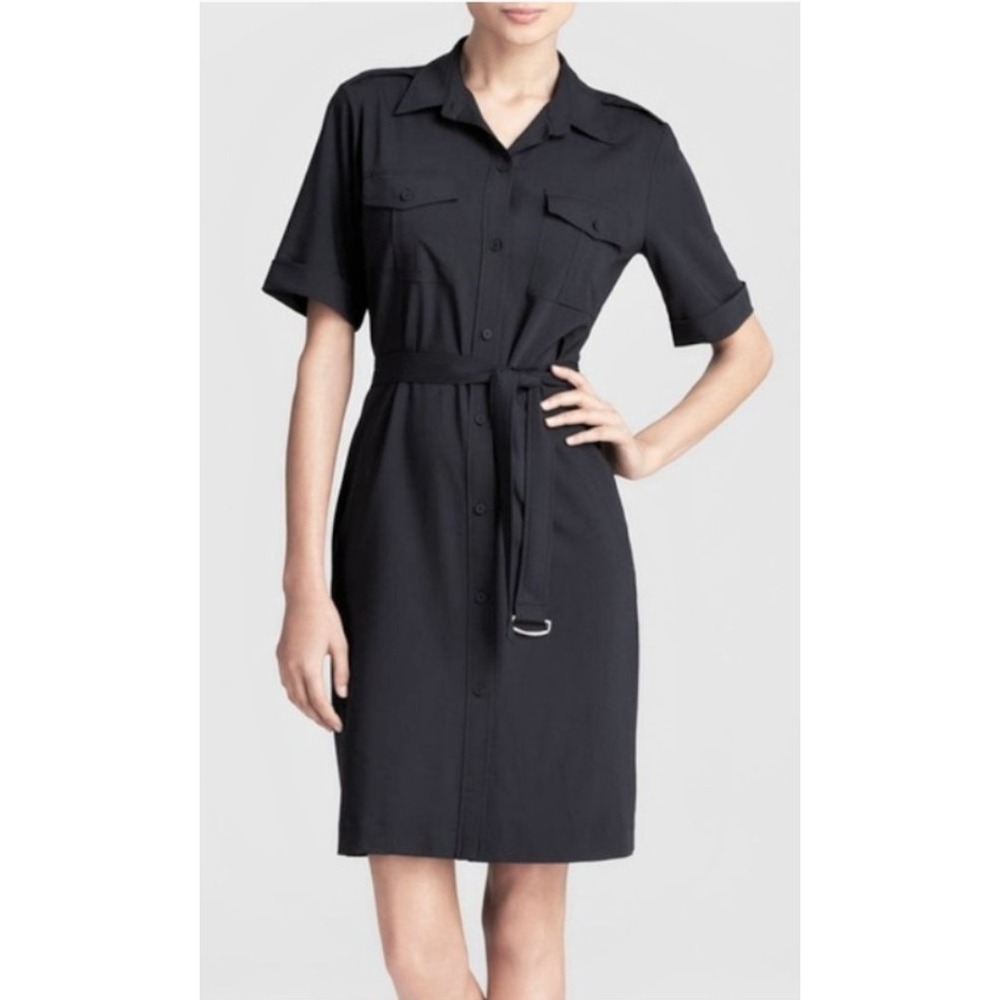 Theory "Stenna" Belted Viscose Wool Blend Utility Shirt Dress Short Sleeve Navy